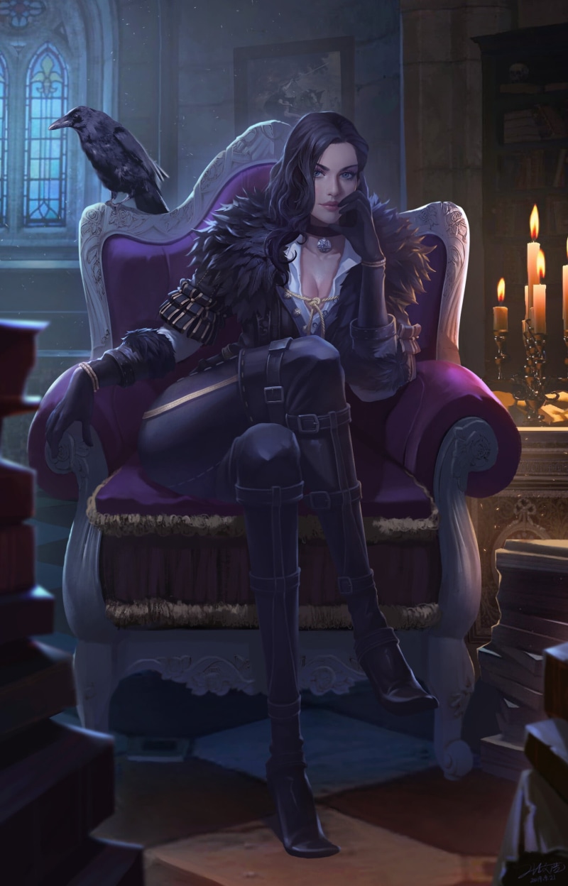 artwork, Yennefer of Vengerberg, digital art, portrait, brunette, video game art, looking at viewer, The Witcher 3: Wild Hunt, sitting, 1080P, women, portrait display