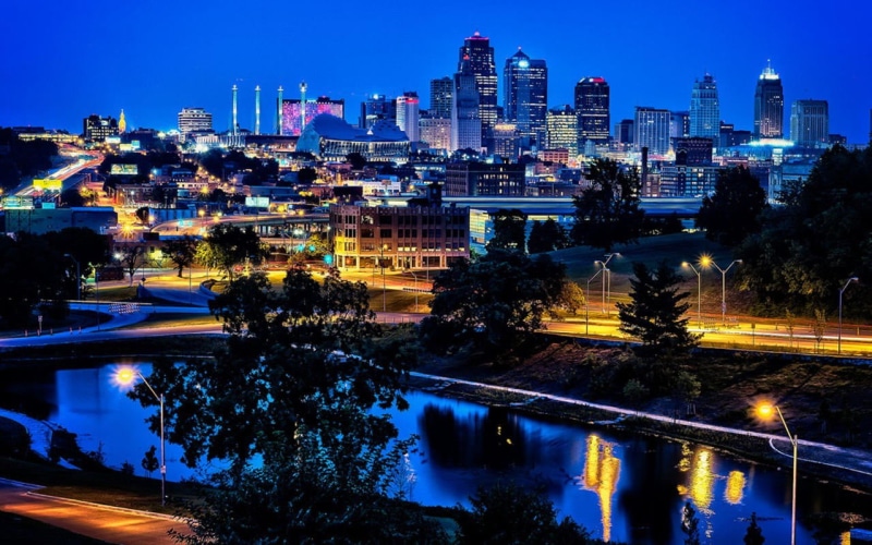 Kansas City, outdoors, night, illuminated, concrete, cityscape, Moon, building, city, motion, white, sky, built structure, black, bridge - man made structure