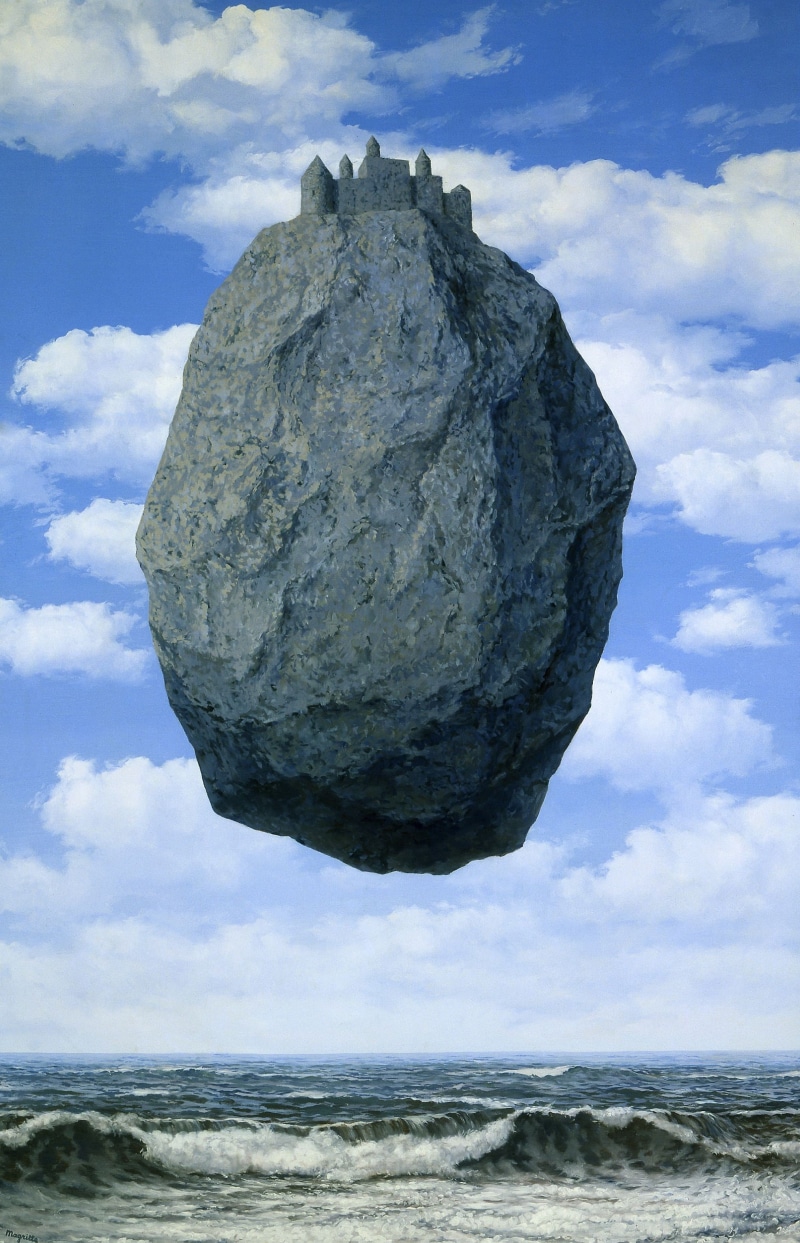 René Magritte, Clouds, island, painting, rock, 2029x3155 px, Floating Island, waves, px, floating, nature, portrait, artwork, architecture, Castle, re