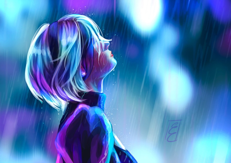 short hair, wet, hairband, 1080P, shiny hair, artwork, fictional characters, video game art, shiny, night, wet clothing, rain, video games, closed mouth