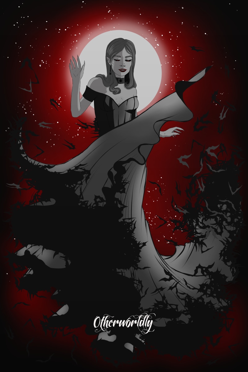 Black clothes, fangs, vampires, moonlight, women, ArtStation, digital art, digital painting, young woman, grey hair, 5K, portrait display, open mouth