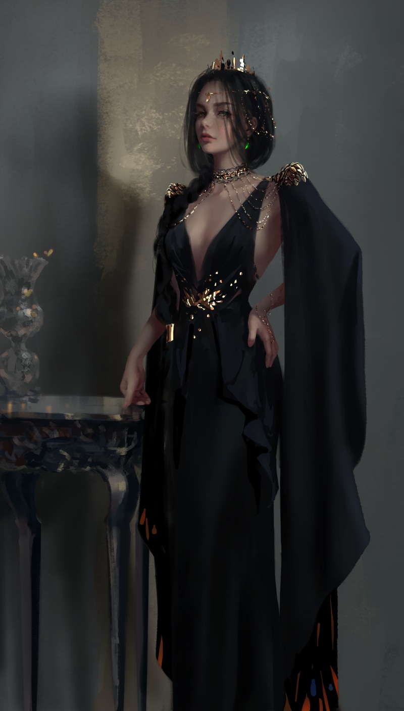 CROWNED, standing, WLOP, vertical, women, 8K, digital art, cleavage, video game art, green eyes, black dress, anime girls, crown, dark hair, fan art, portrait display