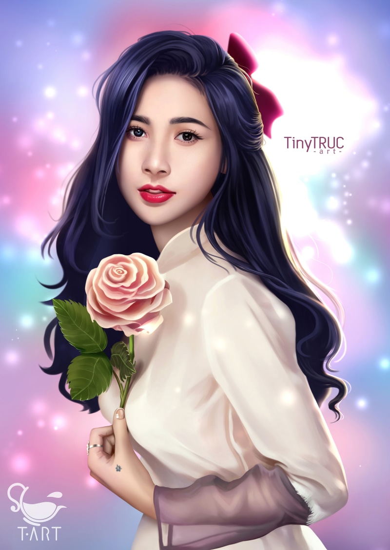 young woman, white dress, digital painting, long hair, Pink ribbon, black eyes, portrait display, portrait, pink lipstick, open mouth, black hair, artwork