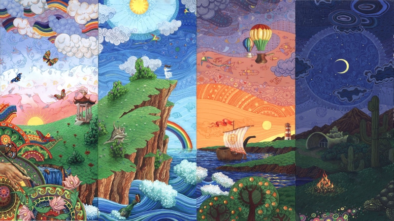 5K, aleksander zhelonkin rainbows moon clouds artwork digital art landscape boat painting sun rays drawing nature hot air balloons lotus flowers butterfly
