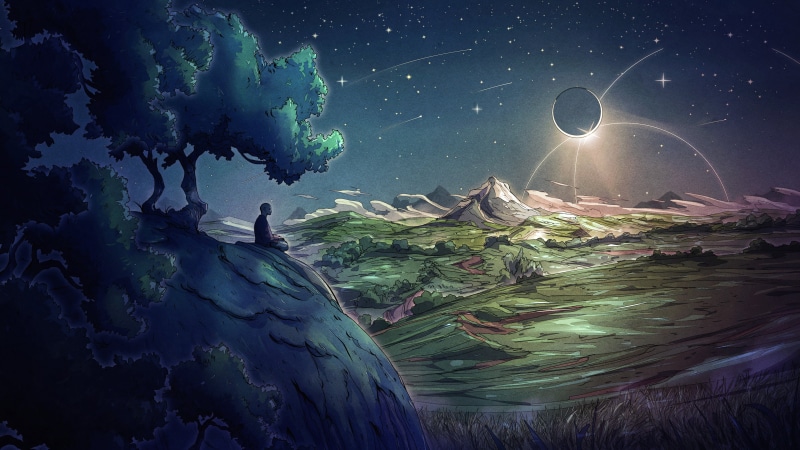 mountains, manta rays, Moon, camping, 4K, statue, night, eclipse, stars, monks, grass, Christian Benavides, leaves, deer, men, hills, clouds, fantasy art