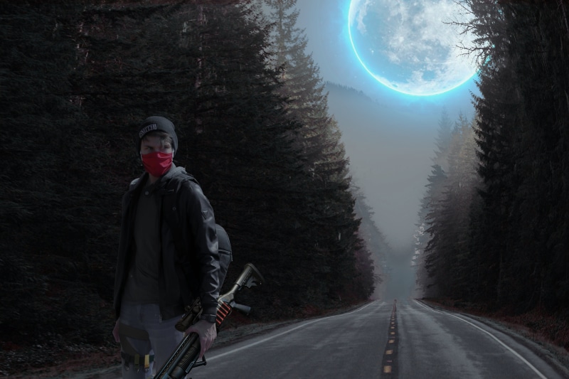 people, 5K, road, forest, night, mask, weapon, moon rays