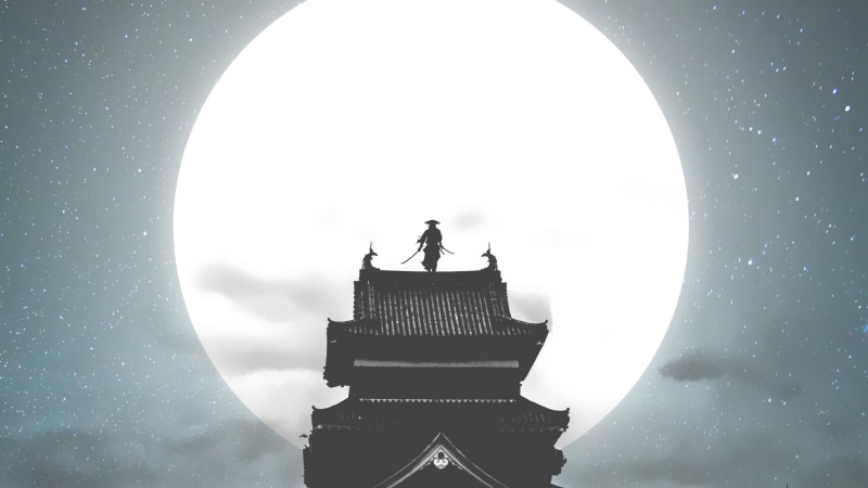 anime, 1080P, artwork, samurai, sky, moon rays, fantasy art, concept art