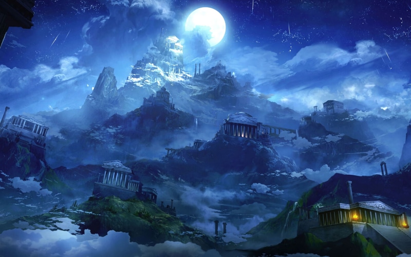 sky, храм Луны, a beam of light, mountain top, 2K, the sky, haze, clouds, temple of the moon, stars, moon, the moon, ray of light, night, fantasy art