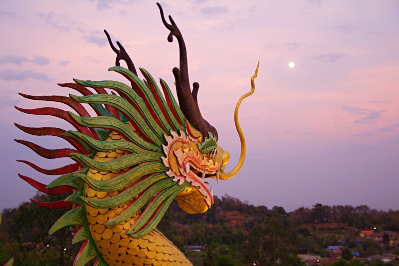 buddhism, tranquility, thailand, multi colored, art and craft, south east asia, beauty in nature, temple, wat huay pla kung, 4K, dragons, moon, cultures