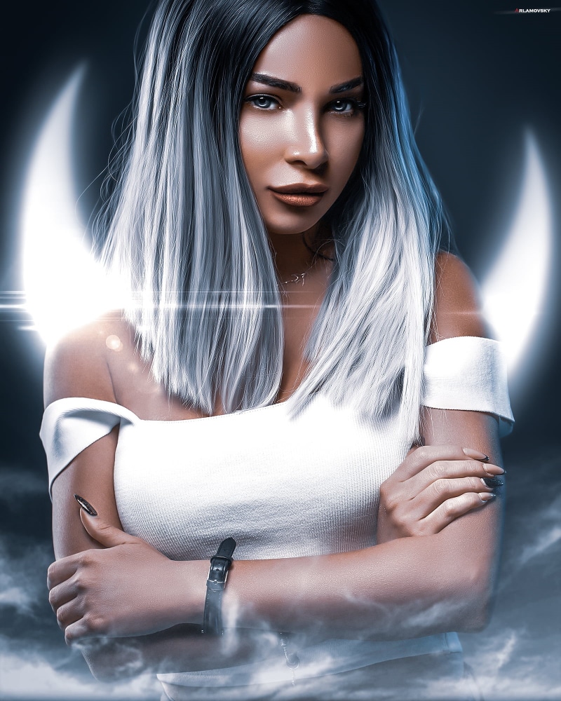 mystic eyes, white t-shirt, gray eyes, 1080P, moon rays, lips, light effects, arlamovsky, digital, women, nails, hair, retouching, smoke