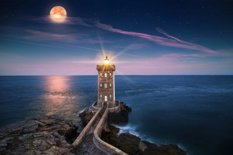 stones, lighthouse, landscape, 1080P, Brittany, night, France, rays, rocks, sea, the moon, stars, light