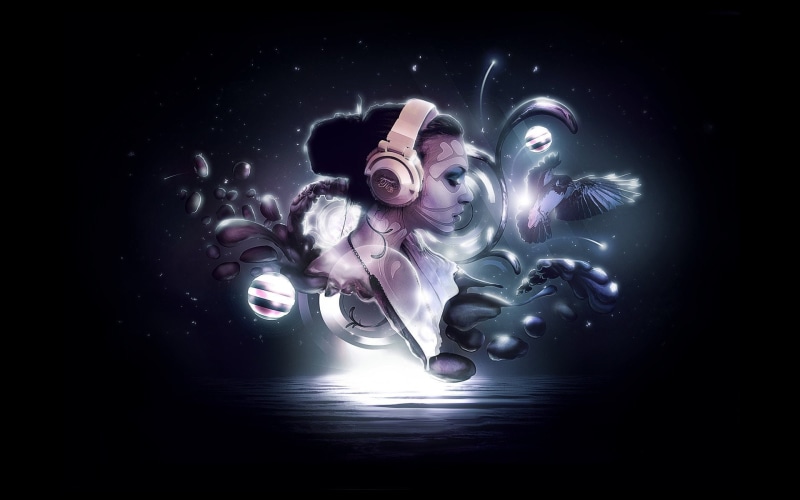 one person, bizarre, dark, 1080P, black background, glowing, women, make-up, futuristic, beautiful woman, women headphones sea moon moon rays birds digital art