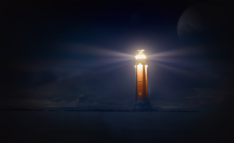 night photograph, outdoors, rays, darkness, glow, water, sky, moonlight, sea, light - natural phenomenon, illuminated, photo montage, 2K, building exterior