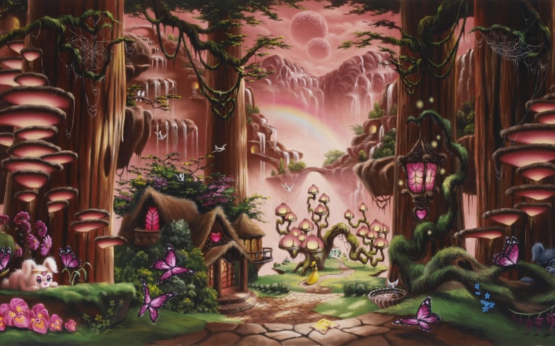 2K, magic, mushroom, trail, mood, soft, fairy, rabbit, trees, sky, forest, art, moon, fantasy, buildings, path, waterfall, cute, kids, children, butterfly