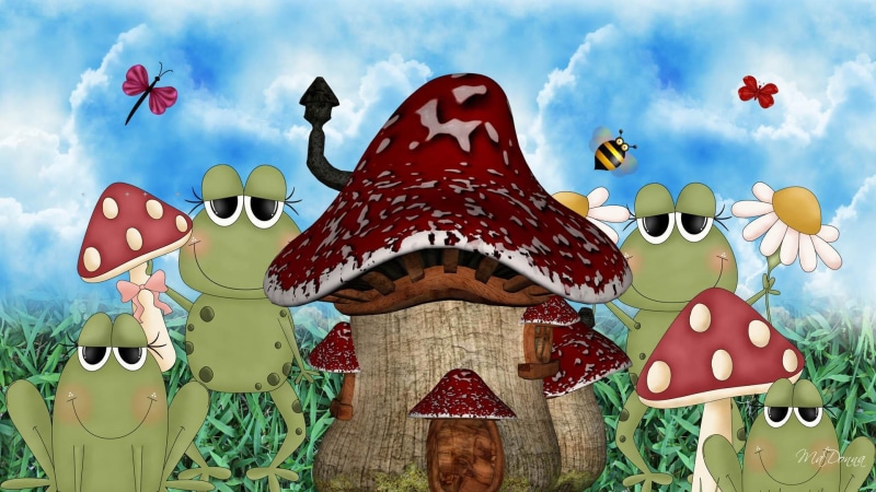 buttrfly, magical, house, frogs, fairytale, grass, 1080P, green, flowers, illustration, eyes, mushroom, mushrooms, four, spring, firefox persona