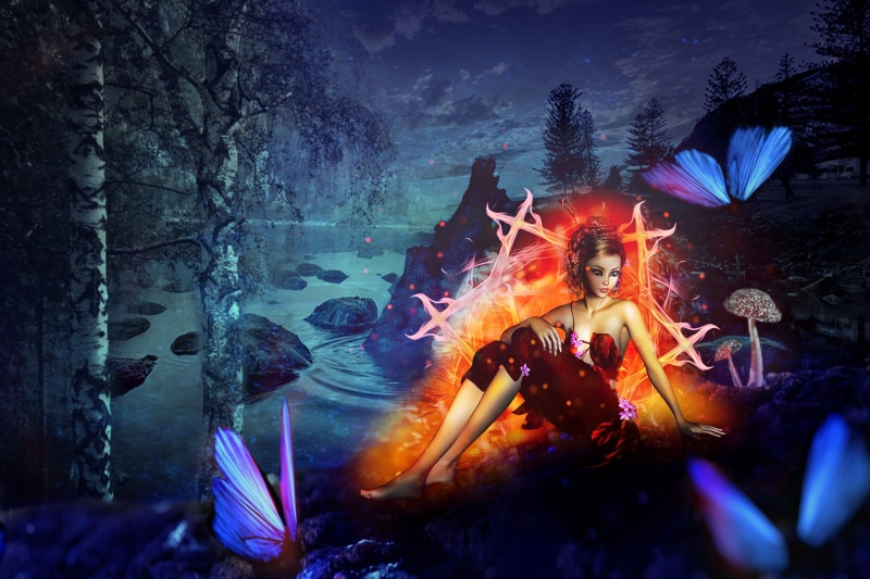 magic, near, mystical, sea, princess, 2K, animal wildlife, lake, woman, character, fairy, fashion, wings, sitting, mythology, fire, digital, outlandish