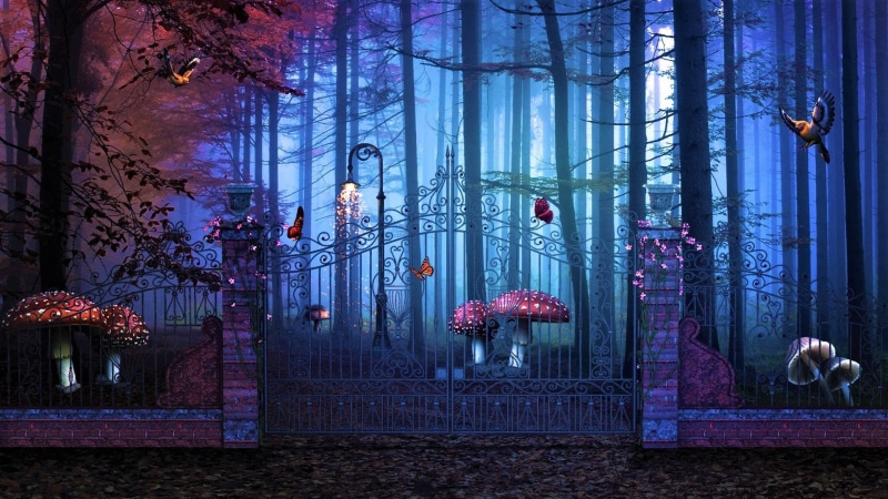 Artistic, Flower, 1080P, Forest, Gate, Bird, Butterfly, Tree, Magical, Mushroom