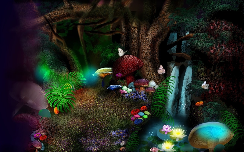 2K, large trees, густые заросли, flowers, mushrooms, impenetrable thicket, butterflies, dense thickets, magic forest, butterfly, непроходимая чащоба, fantasy