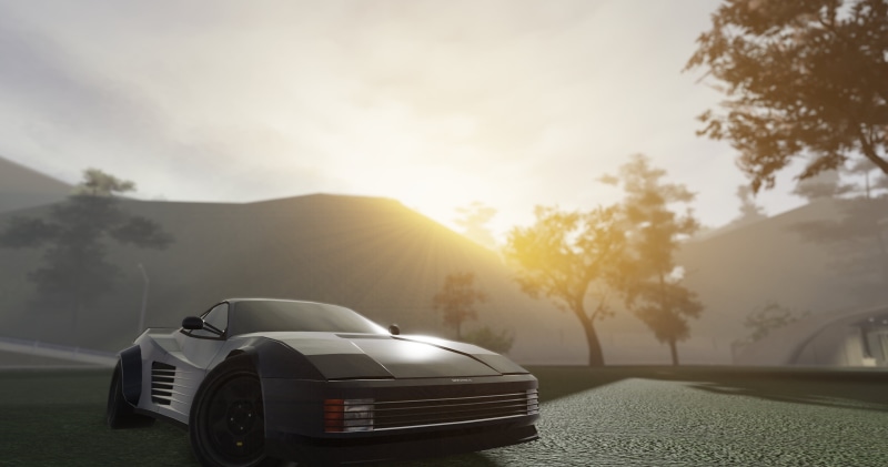 Pacifico (Roblox Game), sun rays, Ferrari Testarossa, mountains, trees, Roblox, sunrise, grass, 2K
