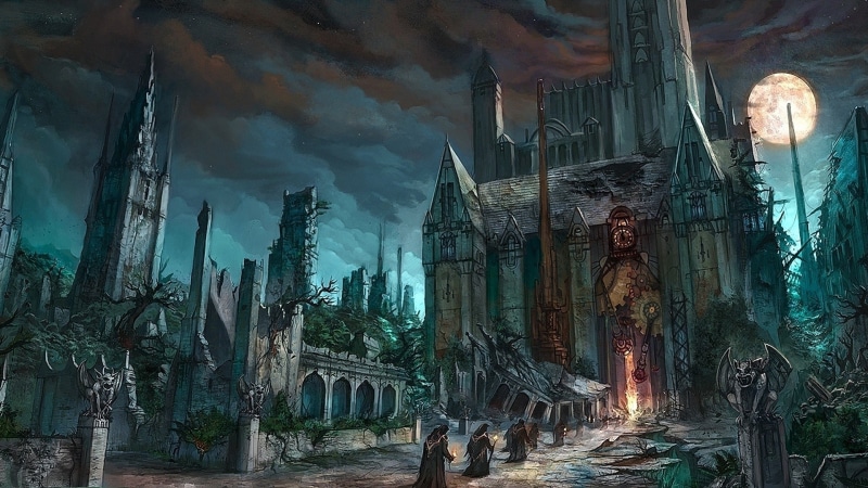 artwork, church, architecture, hd, moon, x, fantasy, buildings, gargoyles, abstract, castles, 1080P, art