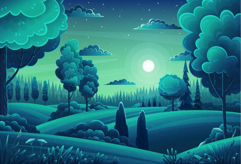 Moon, artwork, green, flowers, stars, moonlight, trees, landscape, clouds, sky, night, digital art, 5K, vector, hills, forest, cartoon