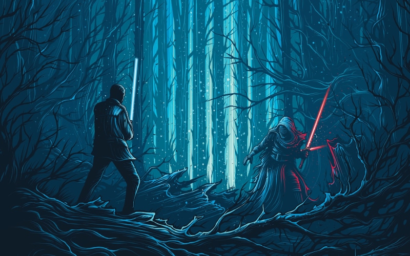 vector, Kylo Ren, Adam Driver, fiction, art, Finn, John Boyega, forest, 2K, Star Wars: The Force Awakens, swords, fight