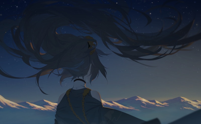 anime, stars, mountains, Fu Hua, long hair, Honkai Impact, chains, anime girls, sunset, 4K
