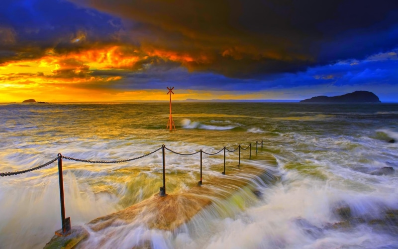 mountain, 1080P, clouds, sign, fencing, sunset, waves, fence, currents, chain pier, ocean, chain, surf, beach