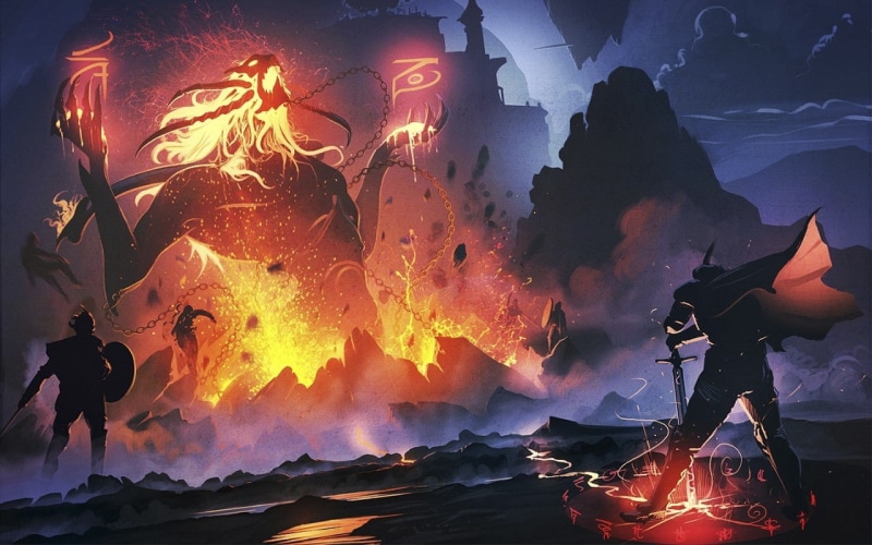 artwork, magic, x, hd, Fire, swords, mountains, 720P, chains, demons, nature, fantasy, art
