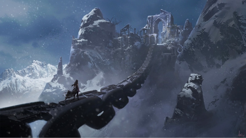 Sword, Fantasy, Ruin, Warrior, 1080P, Landscape, Snowfall, Mountain, Chain