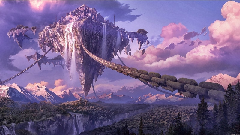 sky, nature, 1080P, mountain peak, landscape, fantasy art artwork digital art chains waterfall forest clouds mountain floating island, environment, outdoors