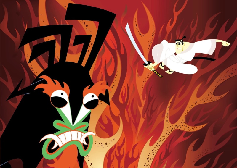Samurai Jack, creativity, art and craft, representation, male likeness, indoors, text, arts culture and entertainment, cartoon, red, 720P, close-up, decoration