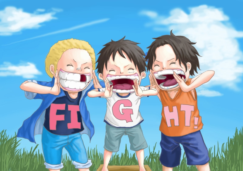 one piece, emotion, real people, group of people, togetherness, males, day, men, females, outdoors, sabo, family, sky, boys, front view, monkey d. luffy