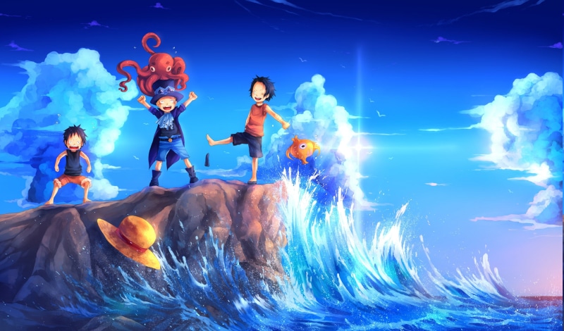 full length, people, 1080P, illuminated, real people, One Piece, rock, sky, Monkey D. Luffy, women, animal wildlife, men, group of people, waves, Sabo