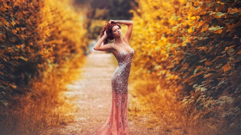 hairstyle, forest, s, autumn, full length, fashion, strapless, land, tree, nature, evening, women outdoors, gowns, white, change, young adult, beautiful woman
