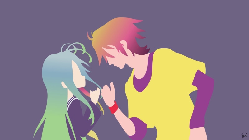 women, looking, waist up, men, 1080P, colored background, side view, creativity, anime, yellow, No Game No Life, blue background, studio shot