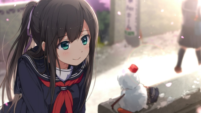 ponytail, brunette, school uniform, anime girls, green eyes, snowman, 1080P, anime