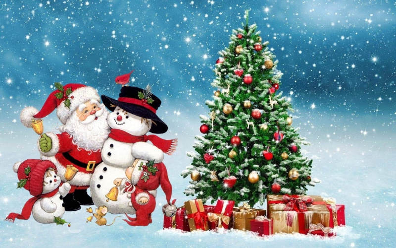 winter, ornaments, gifts, festive, hd, tree, santa, merry, christmas, background, 1080P, snowman