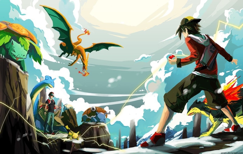 Blastoise, enjoyment, outdoors, people, multi colored, men, art and craft, day, Gold (character), Venusaur, sunlight, mountain, Lapras, group of people
