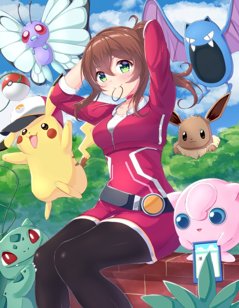 anime, 2K, Pokemon Go, Eevee, long hair, green eyes, Bulbasaur, Pokémon, Golbat, Jigglypuff, Pokémon trainers, Butter, brunette, anime girls, Pikachu