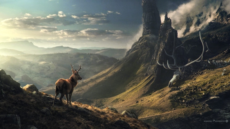 scenics - nature, Desktopography, land, elk, clouds, no people, environment, animal themes, animal, sky, nature, cloud - sky, mountain range, deer, beauty in nature