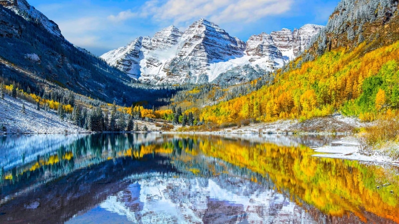 no people, tranquility, wilderness, maroon bells, crater lake, nature, winter, national park, scenics - nature, snowcapped mountain, 1080P, formation
