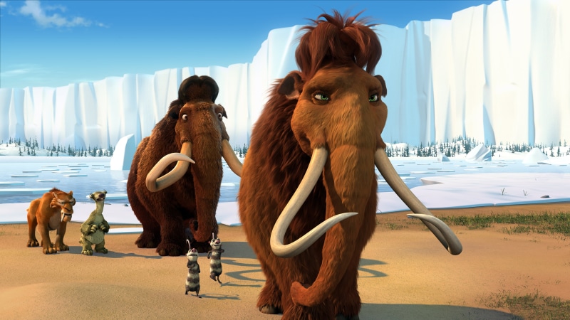 mammoths, Manny and Ellie, tiger, domestic, movie, opossums, pets, brown, characters, ice, water, sky, heroes, Diego, 2K, Ice age 2, cartoon, domestic animals