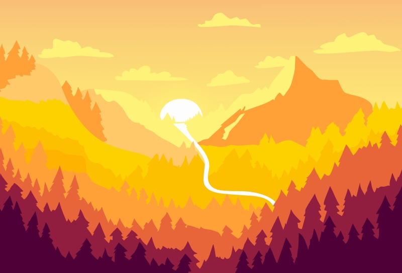 digital composite, sunset, orange color, lighting equipment, backgrounds, sunlight, nature, mountain, flying, tree, beauty in nature, 4K, minimalistic