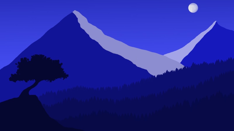 Landscape, Blue, 1080P, Mountain, Moon, Night, Minimalist, Artistic, Tree