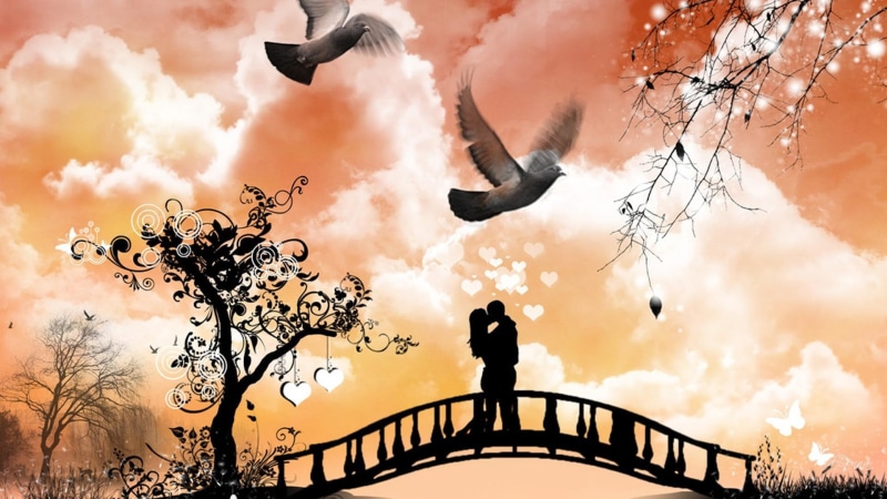 s lo, love, lovers, man, glow, silhouette, birds, woman, abstract, valentines day, couple, tree, stars, spring, bridge, grass, 1080P