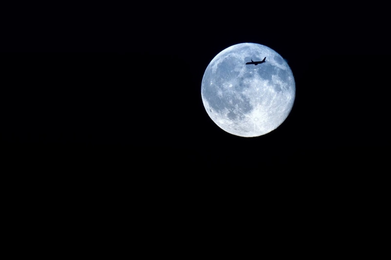 night, airplane, moon, 1080P, silhouette
