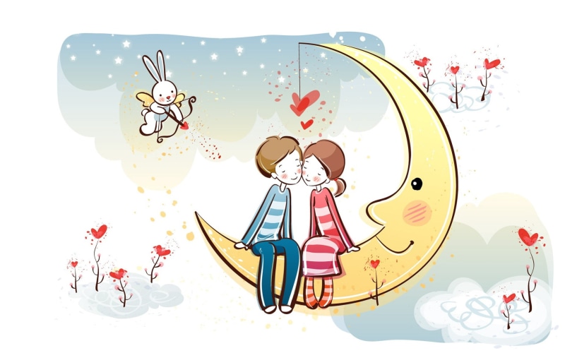 computer Graphic, close-up, painted Image, illustration, design, illustrations And Vector Art, characters, couple, girls, still life, high angle view, moon