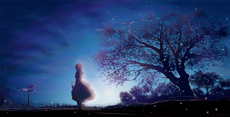 clouds, looking into the distance, artwork, night sky, 2K, umbrella, anime girls, short hair, Violet Evergarden, white dress, anime, night, cityscape