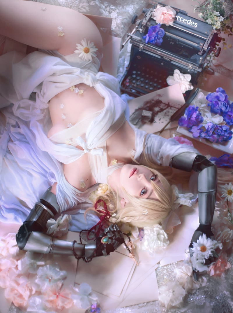 anime girls, cosplay, women, blonde, Sayathefox, anime, indoors, 4K, looking away, Violet Evergarden, looking at viewer, model, women indoors